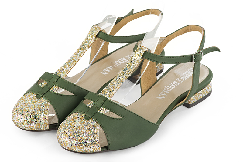 Gold and forest green women's open back T-strap shoes. Round toe. Flat block heels. Front view - Florence KOOIJMAN